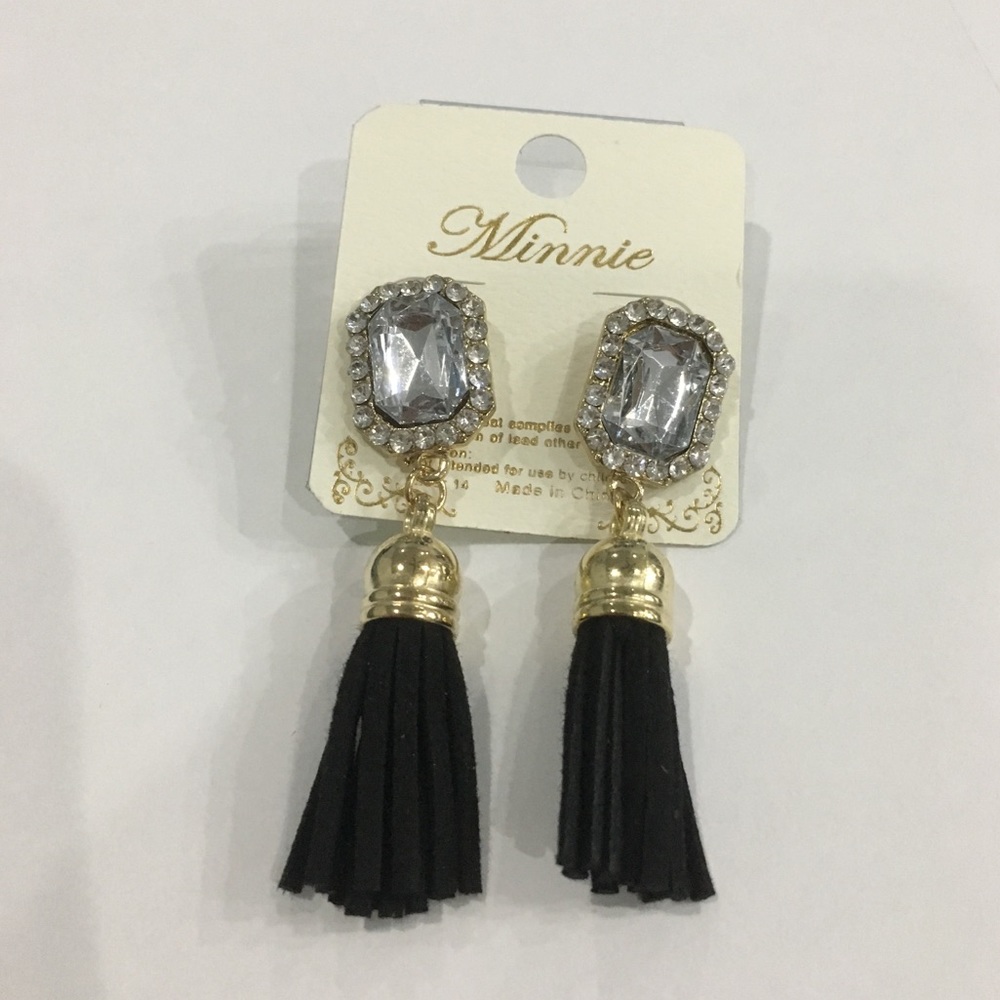 Silver and black tassel fringe earrings